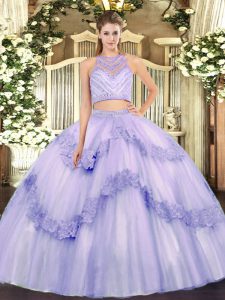 Floor Length Lavender Sweet 16 Dresses Tulle Sleeveless Beading and Appliques
