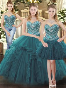 Clearance Teal Ball Gowns Sweetheart Sleeveless Tulle Floor Length Lace Up Beading and Ruffles Ball Gown Prom Dress