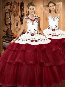 Fashion Wine Red Halter Top Neckline Embroidery and Ruffled Layers Sweet 16 Dresses Sleeveless Lace Up