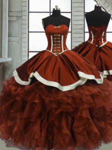 Rust Red Sweetheart Neckline Beading and Ruffles Ball Gown Prom Dress Sleeveless Lace Up