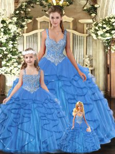 Floor Length Baby Blue Quinceanera Dresses Tulle Sleeveless Beading and Ruffles