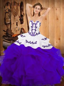 Chic White And Purple Satin and Organza Lace Up Strapless Sleeveless Floor Length 15th Birthday Dress Embroidery and Ruffles