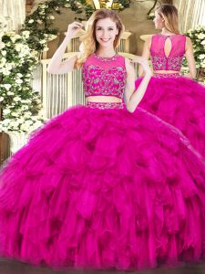 Hot Selling Fuchsia Zipper Scoop Beading and Ruffles Ball Gown Prom Dress Tulle Sleeveless