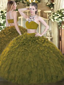 Olive Green Two Pieces Tulle High-neck Sleeveless Beading and Ruffles Floor Length Backless Sweet 16 Quinceanera Dress