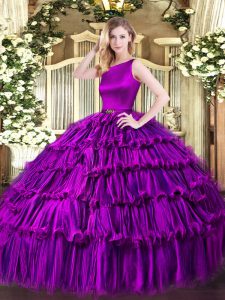 Sleeveless Organza Floor Length Clasp Handle 15 Quinceanera Dress in Eggplant Purple with Ruffled Layers
