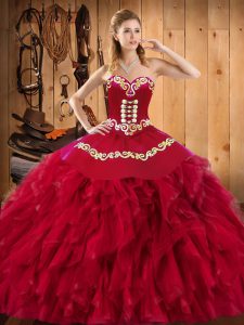 Wine Red Sweetheart Neckline Embroidery and Ruffles Vestidos de Quinceanera Sleeveless Lace Up