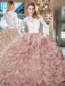 Lace and Fabric With Rolling Flowers Long Sleeves Quince Ball Gowns Brush Train and Beading and Ruffles