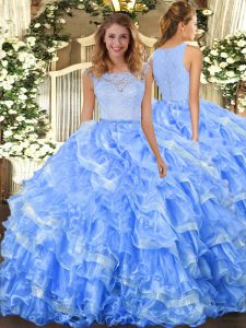 Light Blue Ball Gowns Lace and Ruffled Layers Quince Ball Gowns Clasp Handle Organza Sleeveless Floor Length