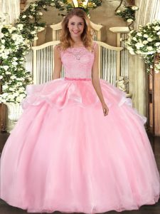 Pink Sleeveless Organza Clasp Handle Quinceanera Gown for Military Ball and Sweet 16 and Quinceanera
