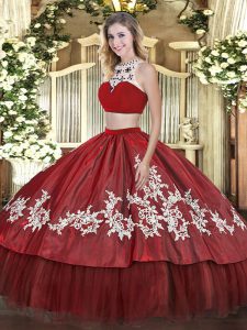 Inexpensive Red Backless High-neck Beading and Appliques Vestidos de Quinceanera Tulle Sleeveless