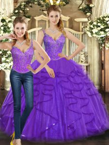 Fine Sleeveless Floor Length Beading and Ruffles Lace Up Quinceanera Gown with Purple
