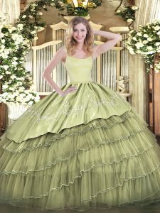 Sophisticated Olive Green Organza Zipper Ball Gown Prom Dress Sleeveless Floor Length Embroidery and Ruffled Layers