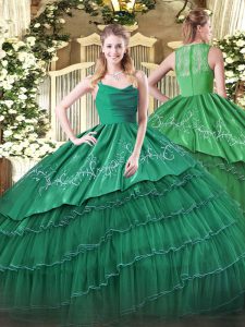 Dark Green Sweet 16 Dress Military Ball and Sweet 16 and Quinceanera with Embroidery and Ruffled Layers Straps Sleeveless Zipper