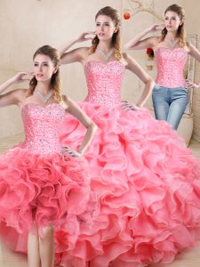 Pretty Floor Length Lace Up Quinceanera Dress Watermelon Red for Sweet 16 and Quinceanera with Beading and Ruffles