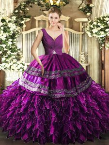 Simple Floor Length Ball Gowns Sleeveless Purple Quinceanera Dresses Backless