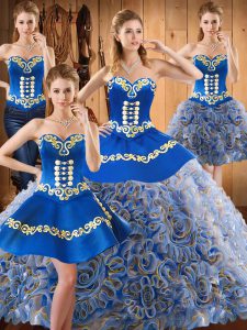 Gorgeous Sweep Train Ball Gowns Quinceanera Dress Multi-color Sweetheart Satin and Fabric With Rolling Flowers Sleeveless With Train Lace Up