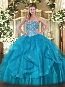 Eye-catching Baby Blue Ball Gowns Organza Sweetheart Sleeveless Beading and Ruffles Floor Length Lace Up Quinceanera Dress
