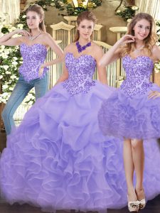Sleeveless Organza Floor Length Zipper 15 Quinceanera Dress in Lavender with Appliques and Ruffles