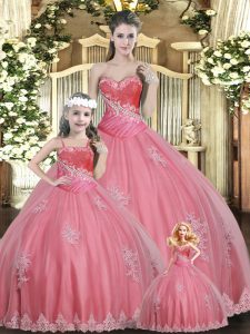 Exquisite Ball Gowns Vestidos de Quinceanera Watermelon Red Sweetheart Tulle Sleeveless Floor Length Lace Up