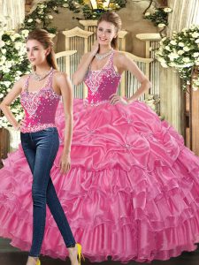 Dazzling Sleeveless Tulle Floor Length Lace Up Sweet 16 Dress in Hot Pink with Beading and Ruffles and Pick Ups