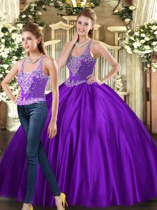 Sexy Purple Ball Gowns Tulle Straps Sleeveless Beading Floor Length Lace Up Sweet 16 Dress