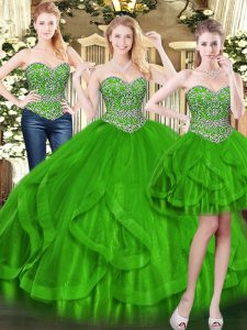Beautiful Green Tulle Lace Up Sweetheart Sleeveless Floor Length Quinceanera Dress Beading and Ruffles