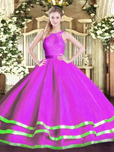 Dramatic Fuchsia Quinceanera Gowns Military Ball and Sweet 16 and Quinceanera with Lace Scoop Sleeveless Zipper