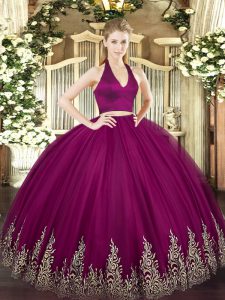 Halter Top Sleeveless Ball Gown Prom Dress Floor Length Appliques Fuchsia Tulle