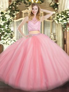 Baby Pink Tulle Zipper Sweet 16 Dress Sleeveless Floor Length Beading