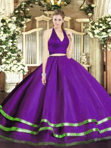 New Arrival Sleeveless Tulle Floor Length Zipper Vestidos de Quinceanera in Purple with Ruffled Layers