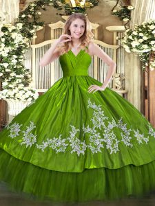 Flare Olive Green Ball Gowns Embroidery Quinceanera Dresses Zipper Satin and Tulle Sleeveless Floor Length