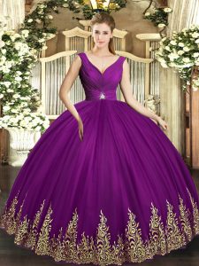 Glittering Eggplant Purple Tulle Backless V-neck Sleeveless Floor Length Quinceanera Gowns Beading and Appliques and Ruching