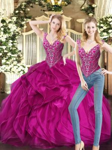Cheap Fuchsia V-neck Lace Up Ruffles Sweet 16 Dresses Sleeveless