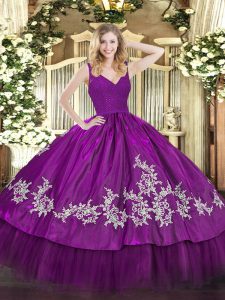 V-neck Sleeveless Taffeta Sweet 16 Quinceanera Dress Beading and Lace and Appliques Backless