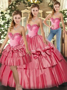 Watermelon Red Three Pieces Beading and Ruffled Layers 15th Birthday Dress Lace Up Organza Sleeveless Floor Length