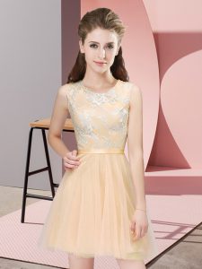 Fashionable Champagne Damas Dress Prom and Party and Wedding Party with Lace Scoop Sleeveless Side Zipper