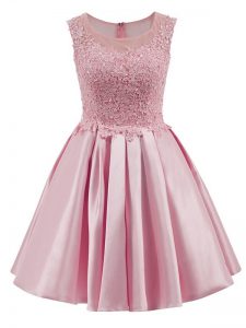 Mini Length Baby Pink Quinceanera Court Dresses Satin Sleeveless Lace
