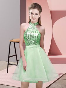 Shining Sequins Dama Dress for Quinceanera Apple Green Backless Sleeveless Mini Length