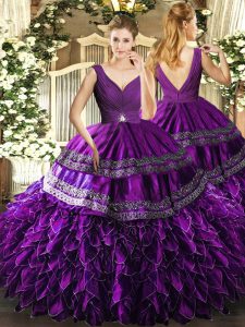 Classical Floor Length Eggplant Purple Ball Gown Prom Dress V-neck Sleeveless Backless