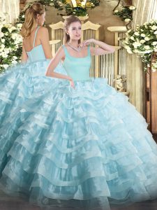 Fantastic Floor Length Zipper Sweet 16 Dresses Light Blue for Military Ball and Sweet 16 and Quinceanera with Beading and Ruffled Layers