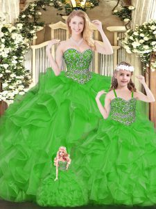 Gorgeous Floor Length Green Quinceanera Dress Organza Sleeveless Beading and Ruffles