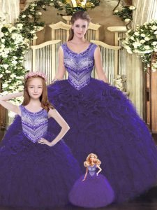 Dark Purple Ball Gowns Scoop Sleeveless Tulle Floor Length Lace Up Beading and Ruffles 15th Birthday Dress