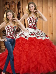 Classical Red Tulle Lace Up Quinceanera Gowns Sleeveless Floor Length Embroidery and Ruffles
