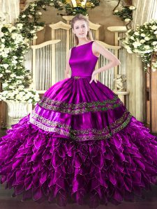 Noble Floor Length Fuchsia 15th Birthday Dress Scoop Sleeveless Clasp Handle