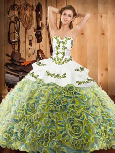 Dynamic Multi-color Strapless Lace Up Embroidery Sweet 16 Dresses Sweep Train Sleeveless