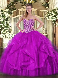 Sweetheart Sleeveless Lace Up Quinceanera Gowns Fuchsia Organza