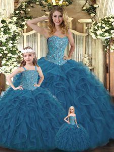 Traditional Teal Ball Gowns Beading and Ruffles Sweet 16 Quinceanera Dress Lace Up Organza Sleeveless Floor Length