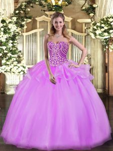 Lilac Ball Gowns Sweetheart Sleeveless Tulle Floor Length Lace Up Beading and Ruffles Quinceanera Gowns