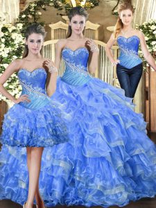 Cute Floor Length Lace Up Quince Ball Gowns Baby Blue for Military Ball and Sweet 16 and Quinceanera with Beading and Ruffles