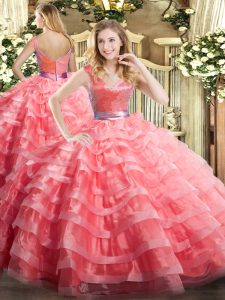 Stunning Sleeveless Floor Length Ruffled Layers Zipper Ball Gown Prom Dress with Watermelon Red